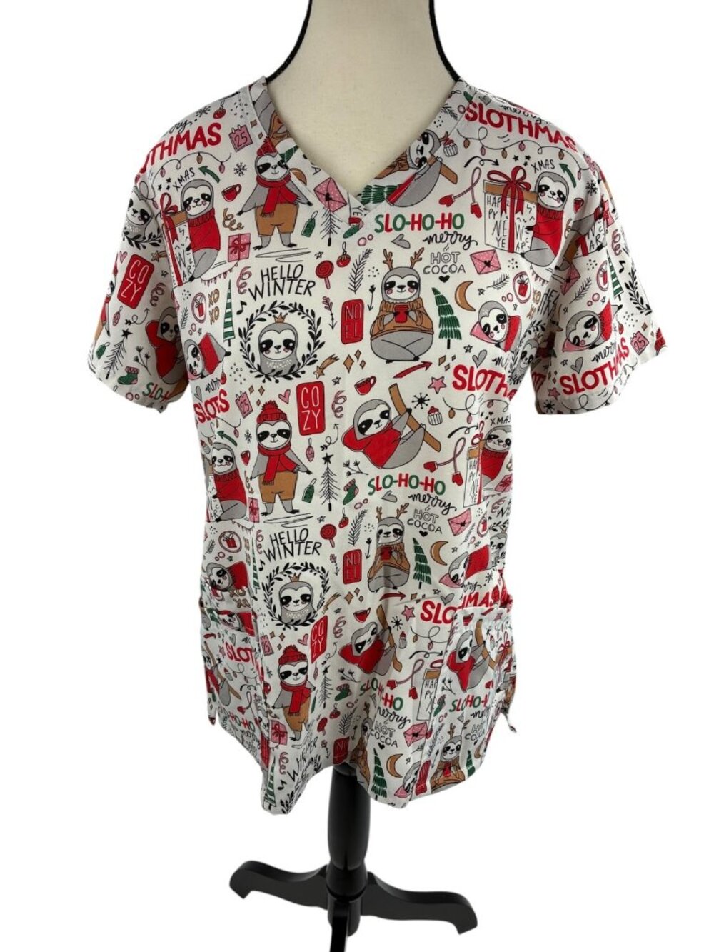 Scrubaid Christmas Sloth Scrub Top Womens Size L 14-16 Holiday Festive V-Neck